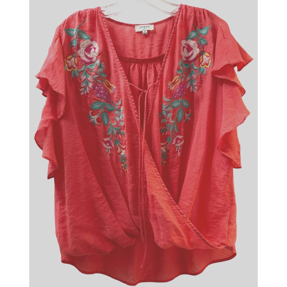 Umgee Surplice Embroidered Top Size Medium Coral Butterfly Sleeves Faux Wrap